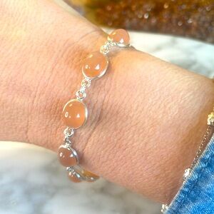 Peach moonstone gemstone 925 sterling silver bracelet 7”-8” adjustable